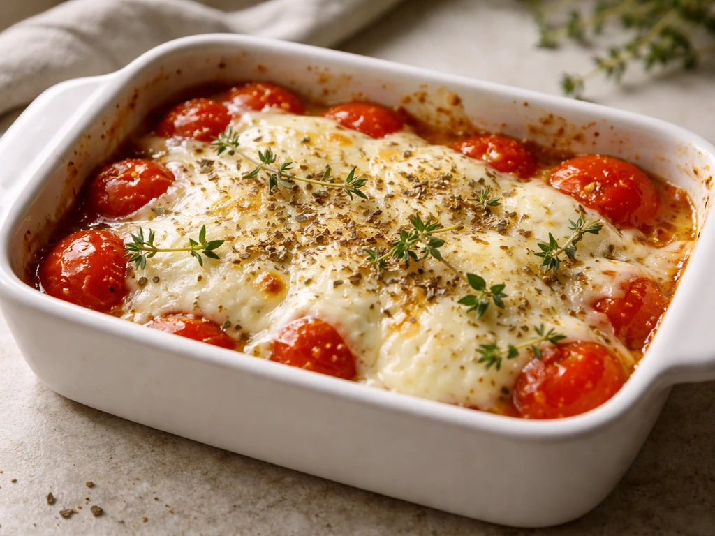 Mijoté de tomates au four avec mozzarella fondue et origan ou thym visibles, prêt à être servi.