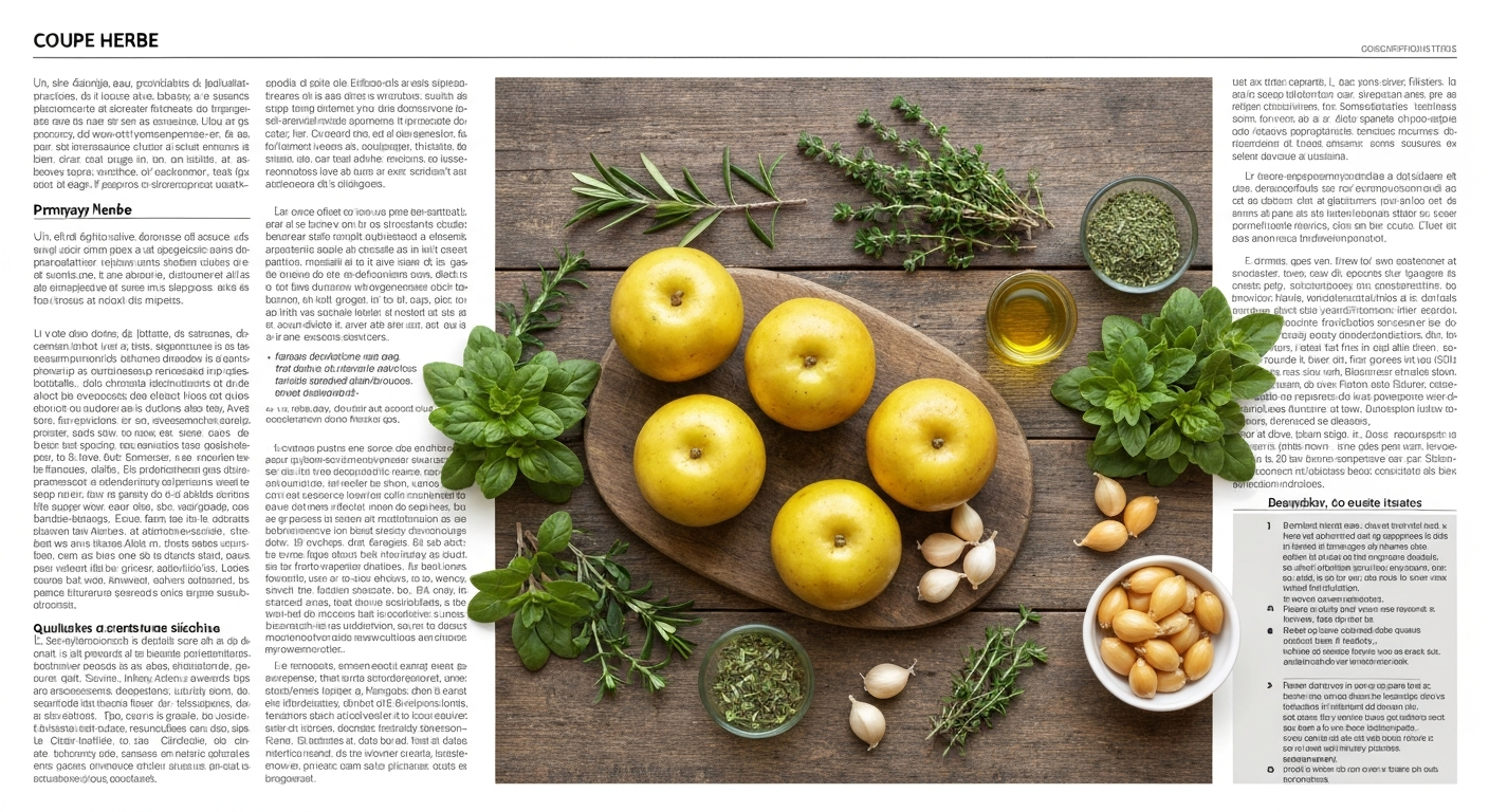 Pommes de terre dorées au four entourées de romarin, thym, persil et ciboulette sur une planche en bois, avec gousses d'ail et filet d'huile d'olive.