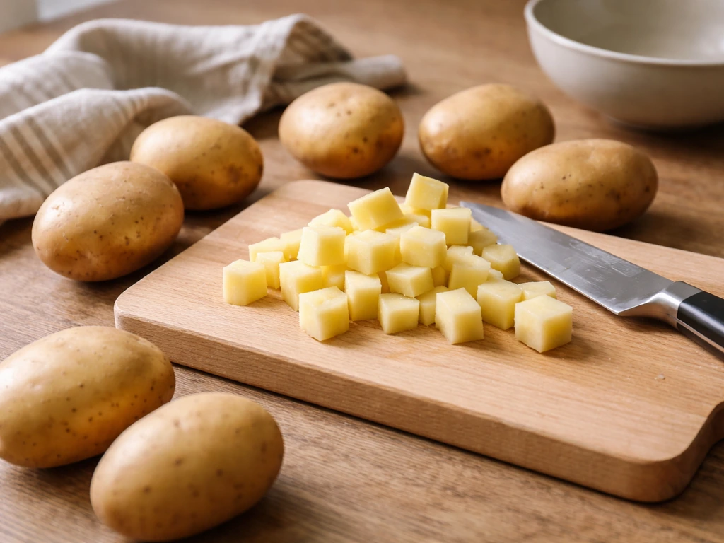 Pommes de terre et couteau sur une planche, morceaux réguliers prêts pour une cuisson homogène.