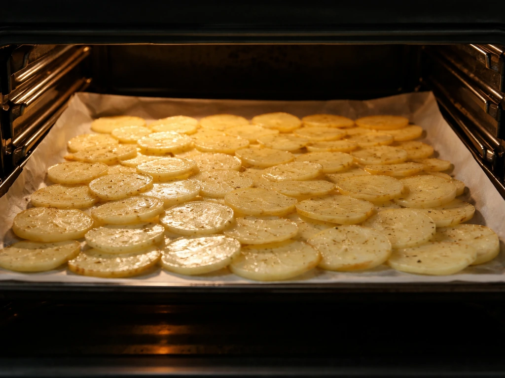 Plaque de pommes de terre étalées, future croûte dorée visible dans un four chaud