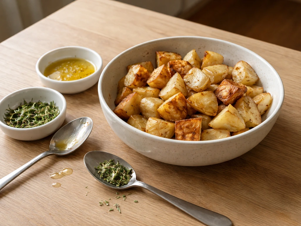 Bol de pommes de terre rôties, avec deux cuillères et un bol d’herbes, ambiance cuisine minimaliste.