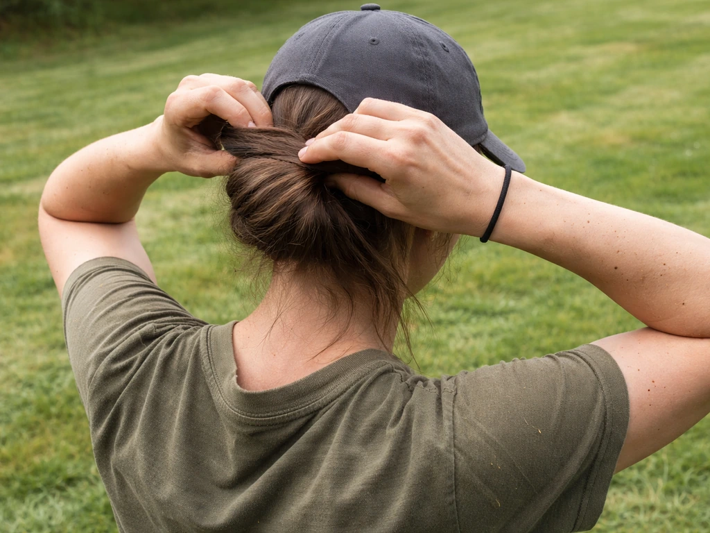 Mains qui attachent des cheveux avec une casquette avant de tondre, avec pelouse tondu autour.