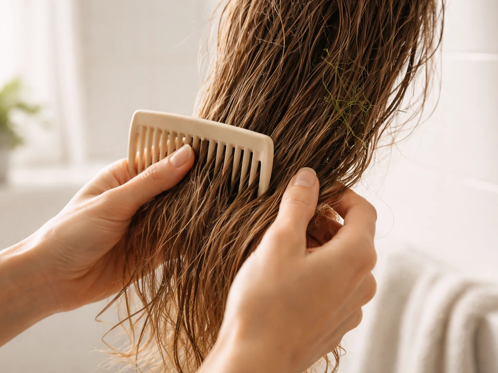 Mains tenant un peigne à dents larges pour démêler des cheveux après retrait de brins d’herbe.