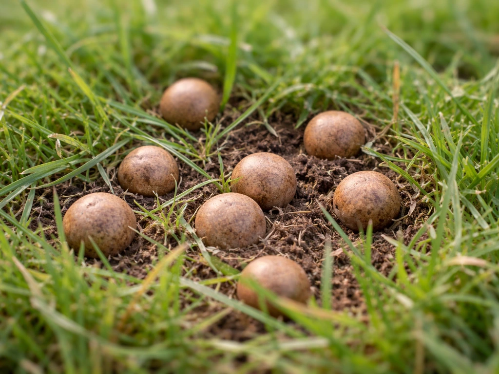 Gros plan de petites boules dures et rondes dans l’herbe, illustrant la “petite boule qui pique”.