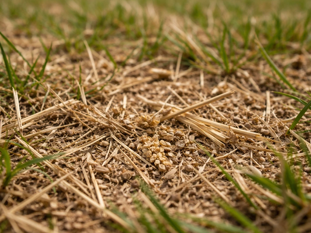 Gros plan sur de la chaume et des graminées sèches dans une pelouse, avec fragments d’épis au premier plan