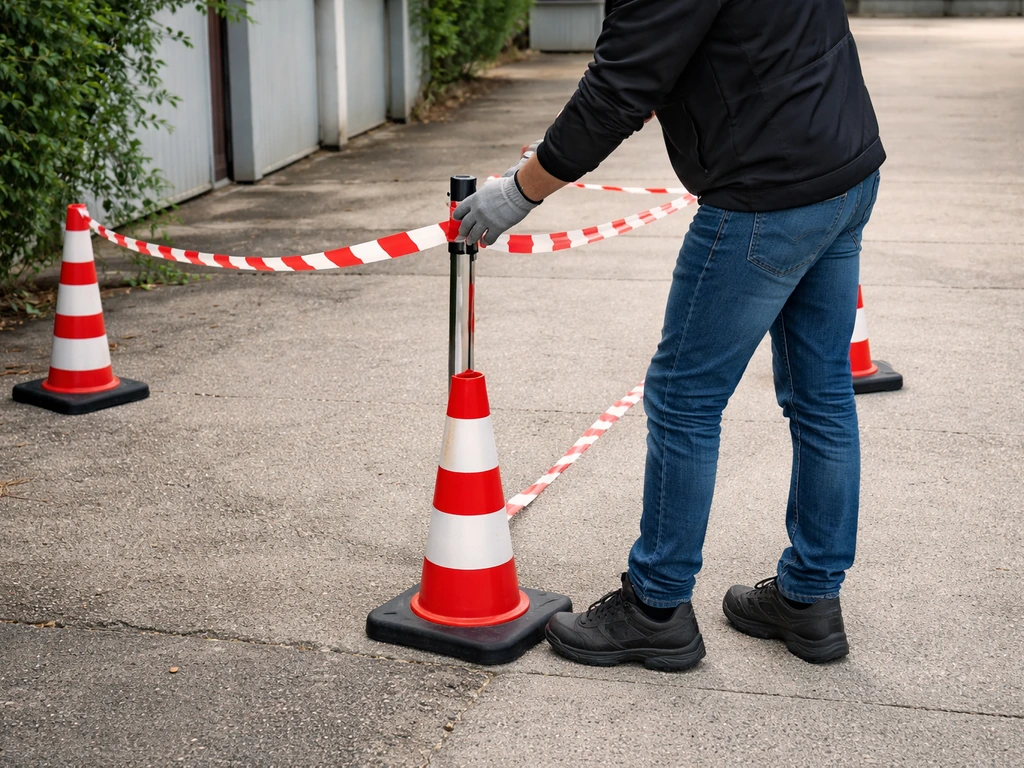 Travailleur en gants et chaussures fermées près d’un ruban d’interdiction et d’un cordon de sécurité temporaires.