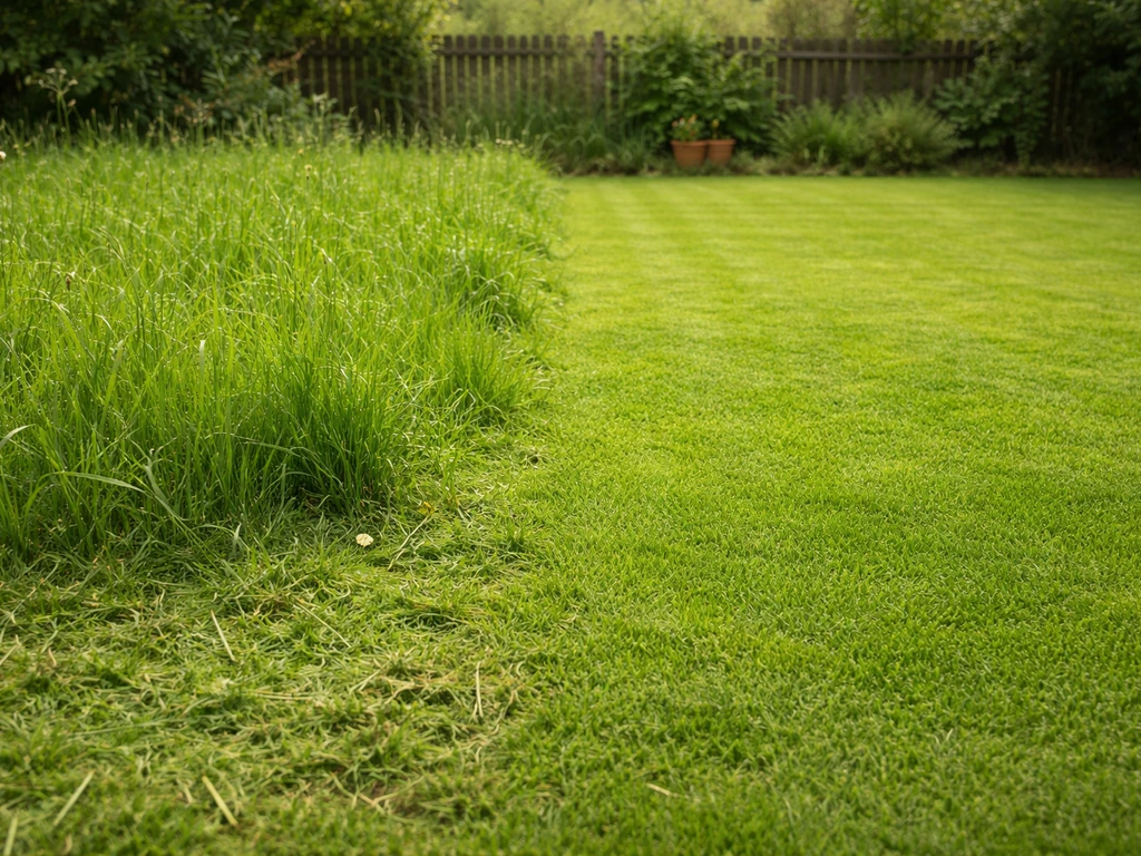 Deux zones de gazon côte à côte : herbe haute pour la fauche et pelouse rase pour la tonte.