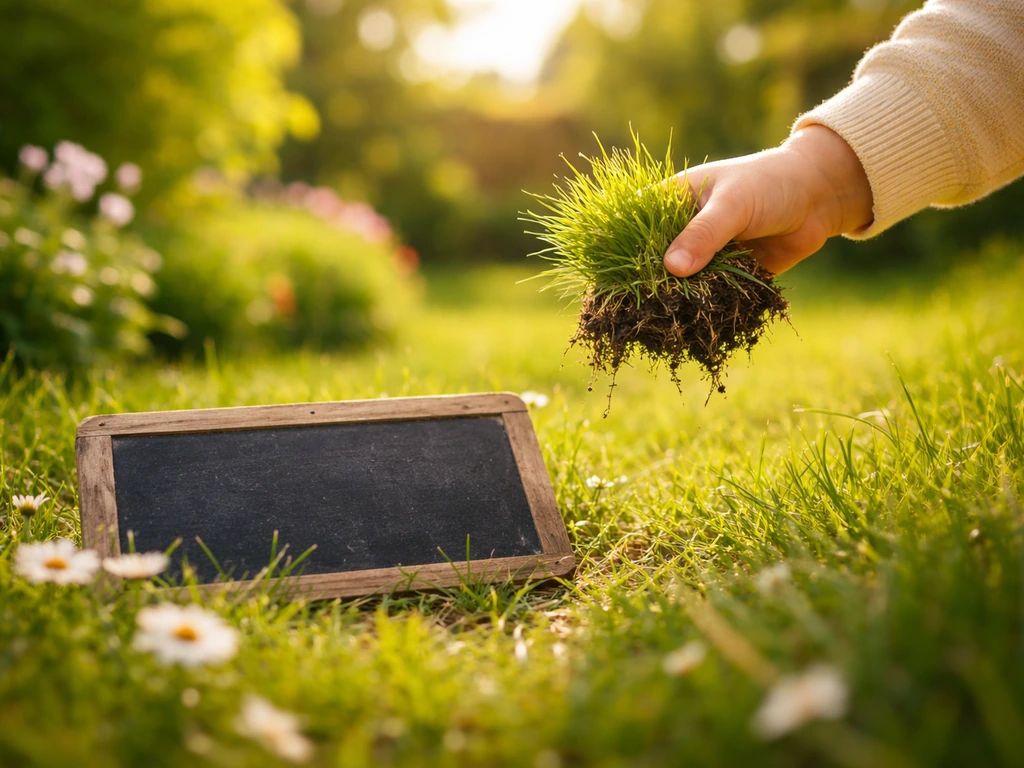 Main d’enfant tenant une motte d’herbe verte près d’un petit jardin, ambiance ludique et chaleureuse.