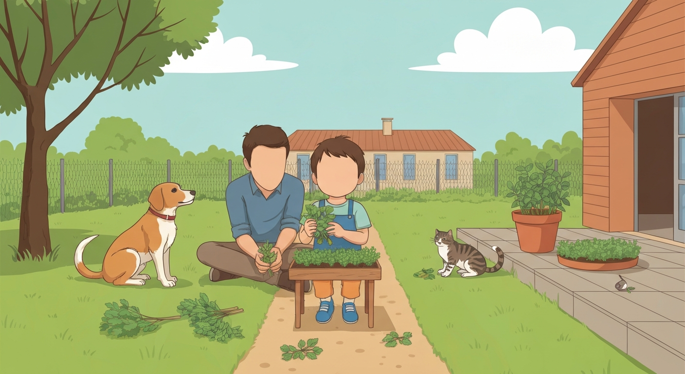 Illustration d'un jardin familial en France : enfant portant quelques brins d'herbe à la bouche, adulte intervenant calmement, chien et pot de gazon pour chat visibles, haie, clôture et bac de compost en arrière-plan.
