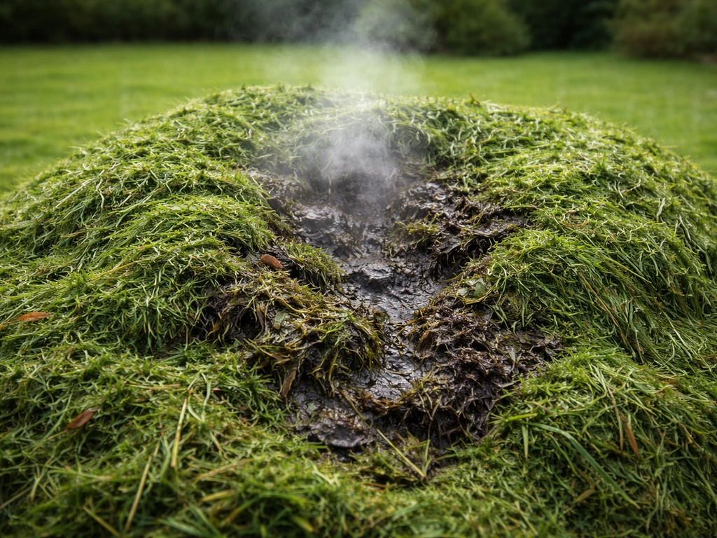 Herbe de tonte verte en décomposition au cœur d’un tas de compost, zone sombre humide qui chauffe.