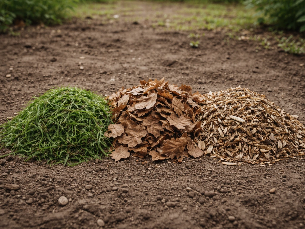 Tas de compost équilibré avec herbe verte, feuilles brunes et broyat aéré, lumière naturelle.