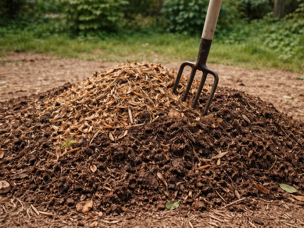 Tas de compost avec broyat de branches grossier ajouté et une fourche pour aérer, textures visibles.