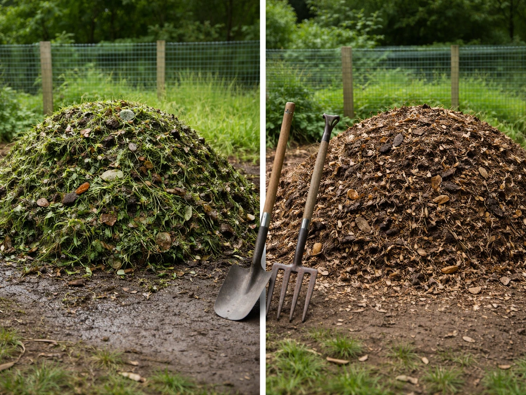 Tas de compost qui sent mauvais, puis tas plus brun après ajout de feuilles mortes et retours.