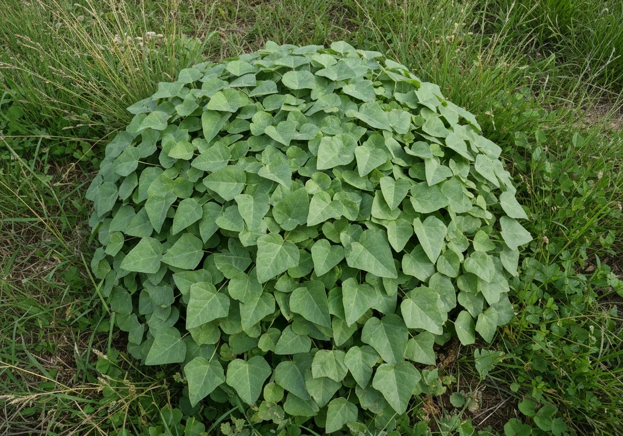 Gros plan de feuilles triangulaires de tournefeuille dans une pelouse, tiges fines glabres visibles.
