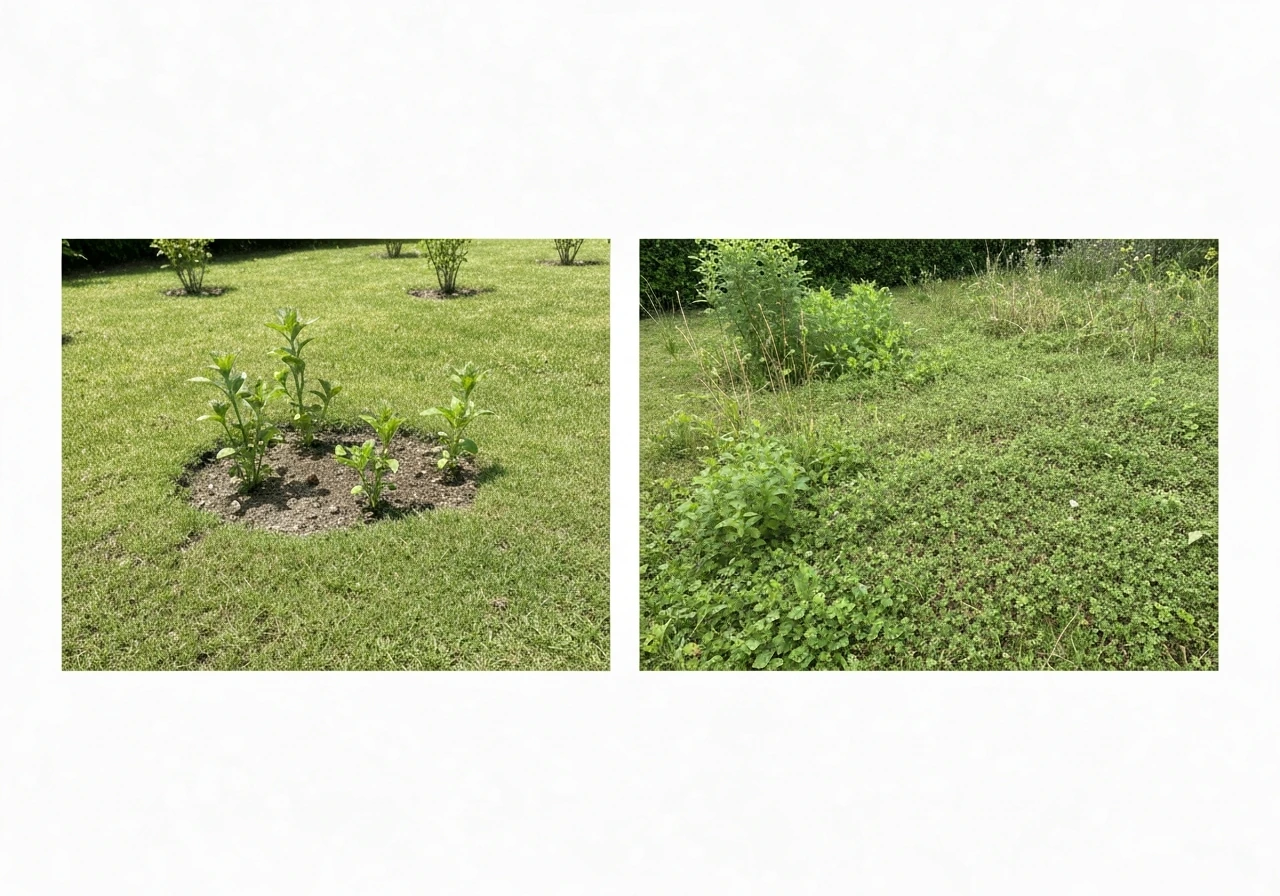 Deux vues côte à côte : quelques mauvaises herbes isolées puis une pelouse nettement colonisée par endroits.