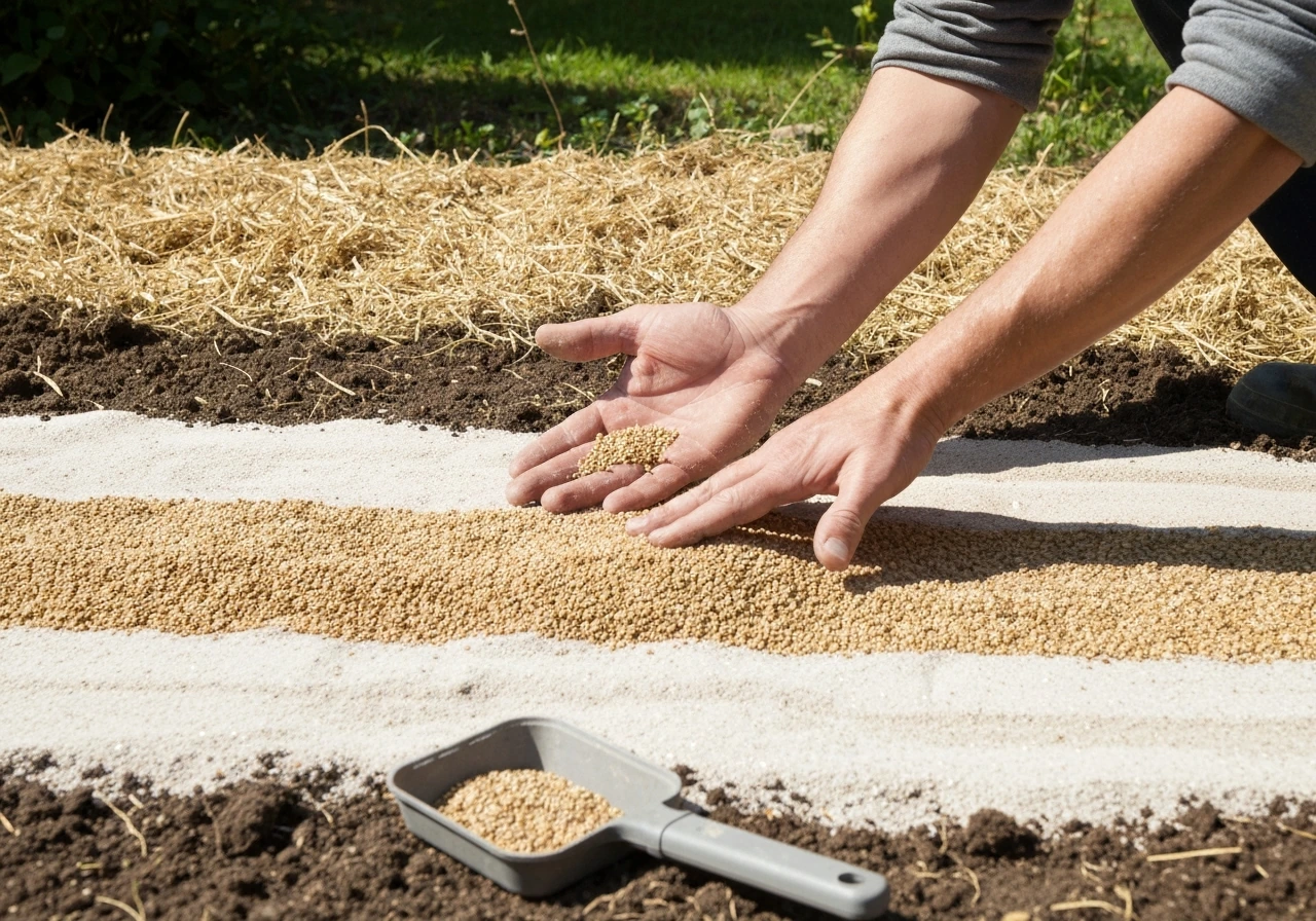 Jardinier anonyme regarnissant une zone de pelouse dégarnie avec semis et surfaçage terreau/sable, puis arrosage léger.