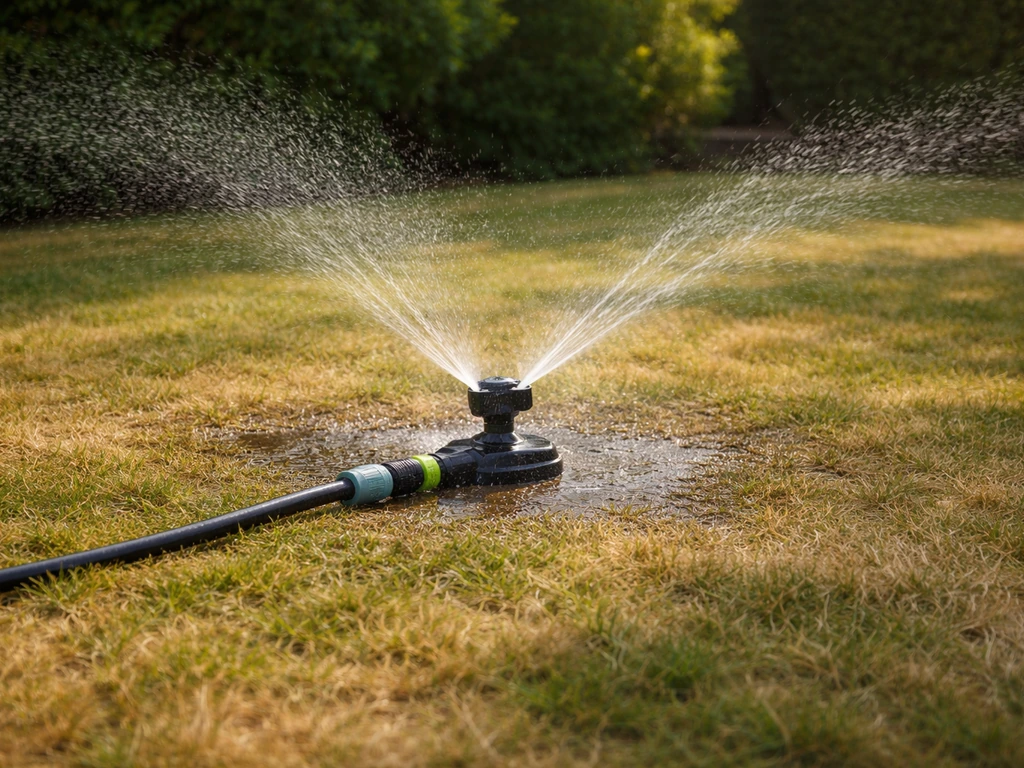 Pelouse sèche arrosée abondamment avec un jet d’eau au sol, tuyau et arroseur, profondeur d’arrosage suggérée.