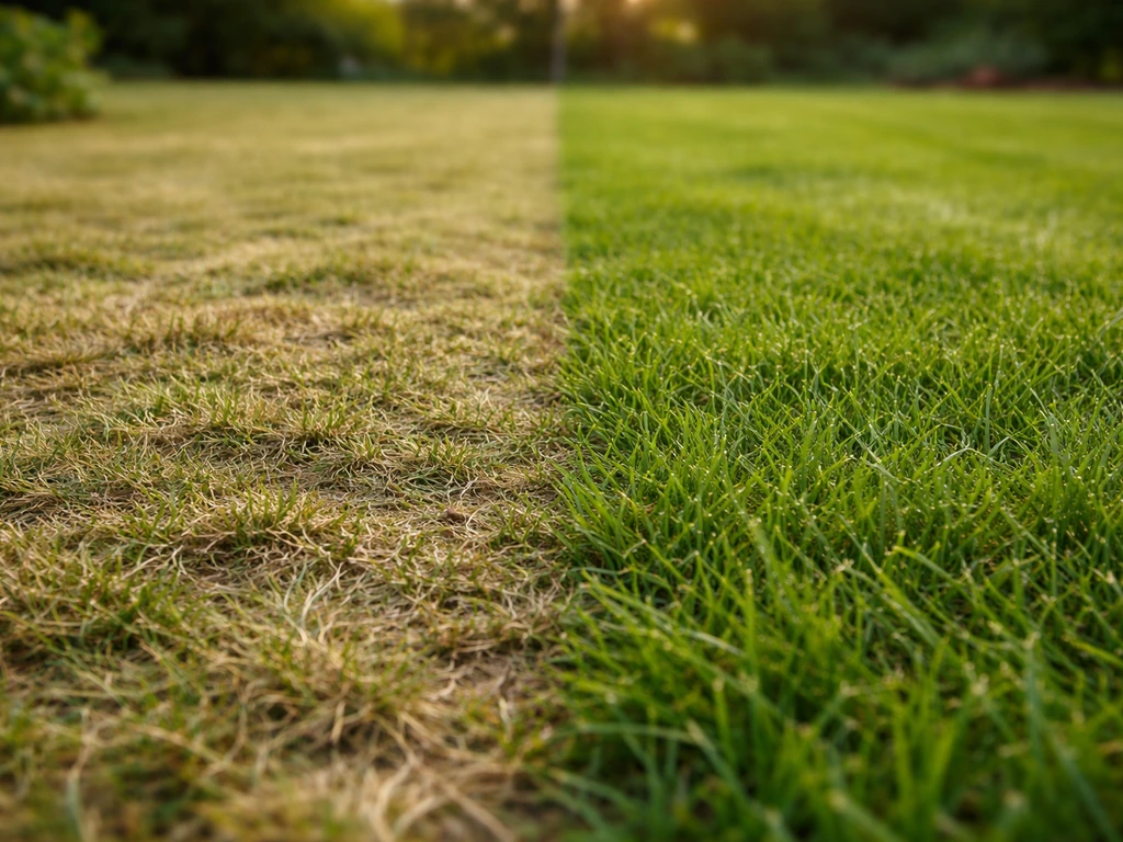 Pelouse avant/après : herbe trop rase jaunie à gauche et coupe plus haute plus verte à droite.