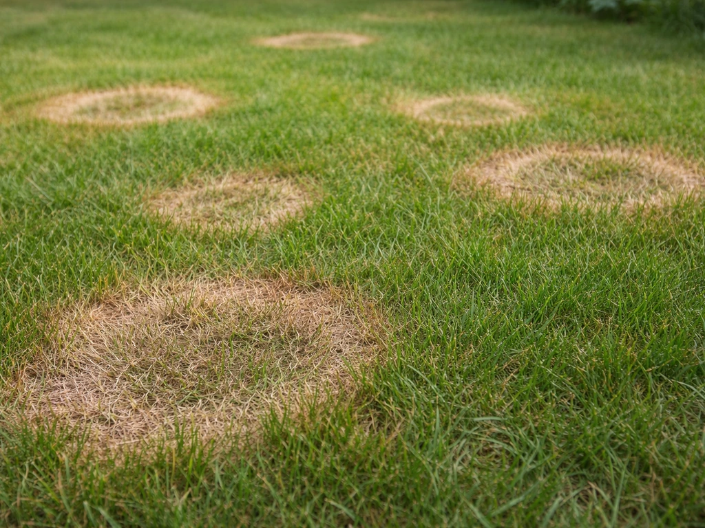 Pelouse d’été avec plusieurs taches circulaires brun clair et contour net, typiques d’une maladie fongique.