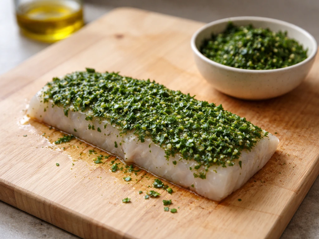Filet de cabillaud cru recouvert d’herbes hachées, herbes pressées sur une planche en bois.