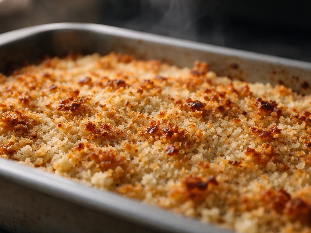 Gros plan sur une croûte croustillante dorée, granuleuse (panko) avec parmesan caramélisé