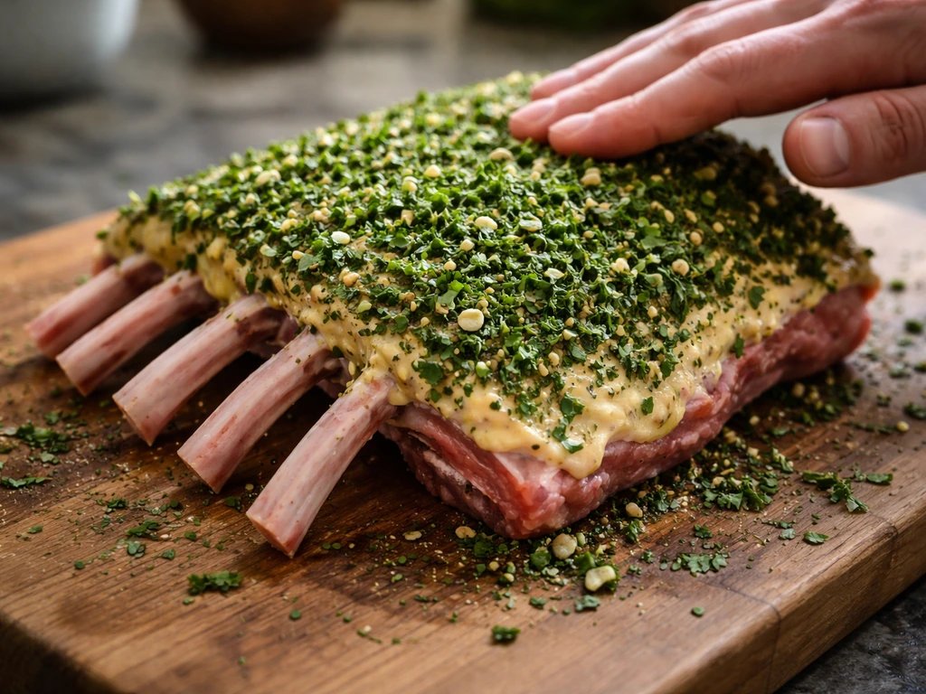 Carré d’agneau enduit de moutarde et recouvert d’herbes, herbes pressées pour former une croûte.
