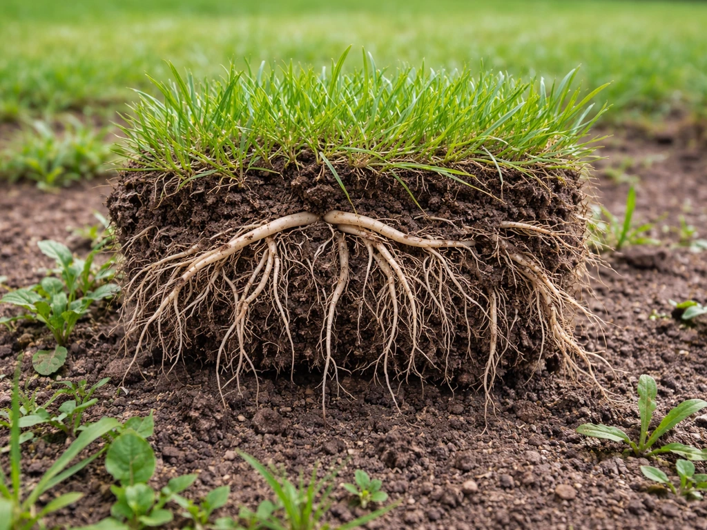 Gros plan sur des rhizomes de chiendent sortis de la terre, montrant la cause de la repousse.