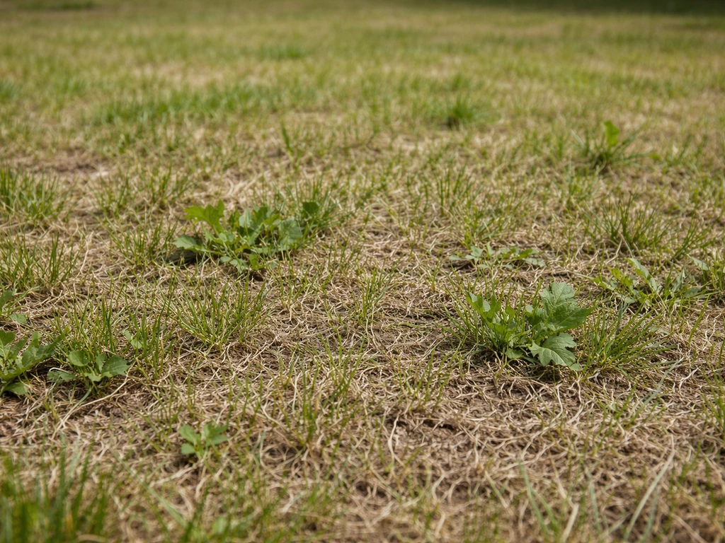 Pelouse tondue trop ras : brins éclaircis, terre visible et mauvaises herbes qui repoussent.