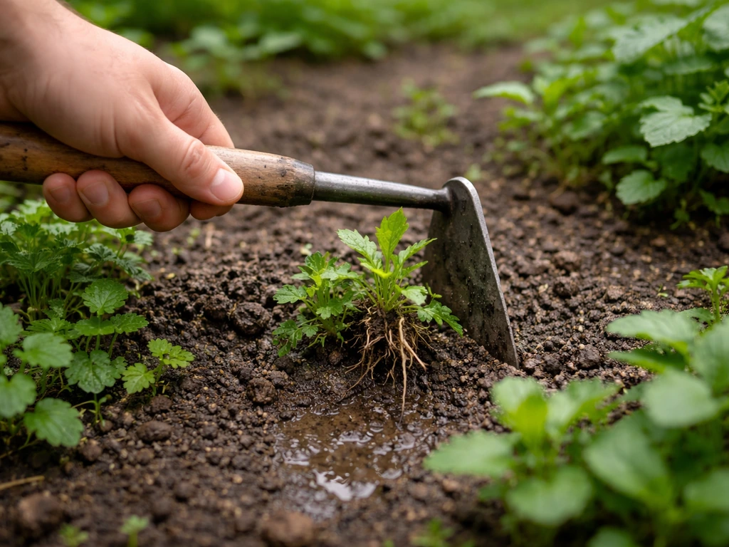 Main avec binette en action sur un sol légèrement humide, racines à extraire au jardin