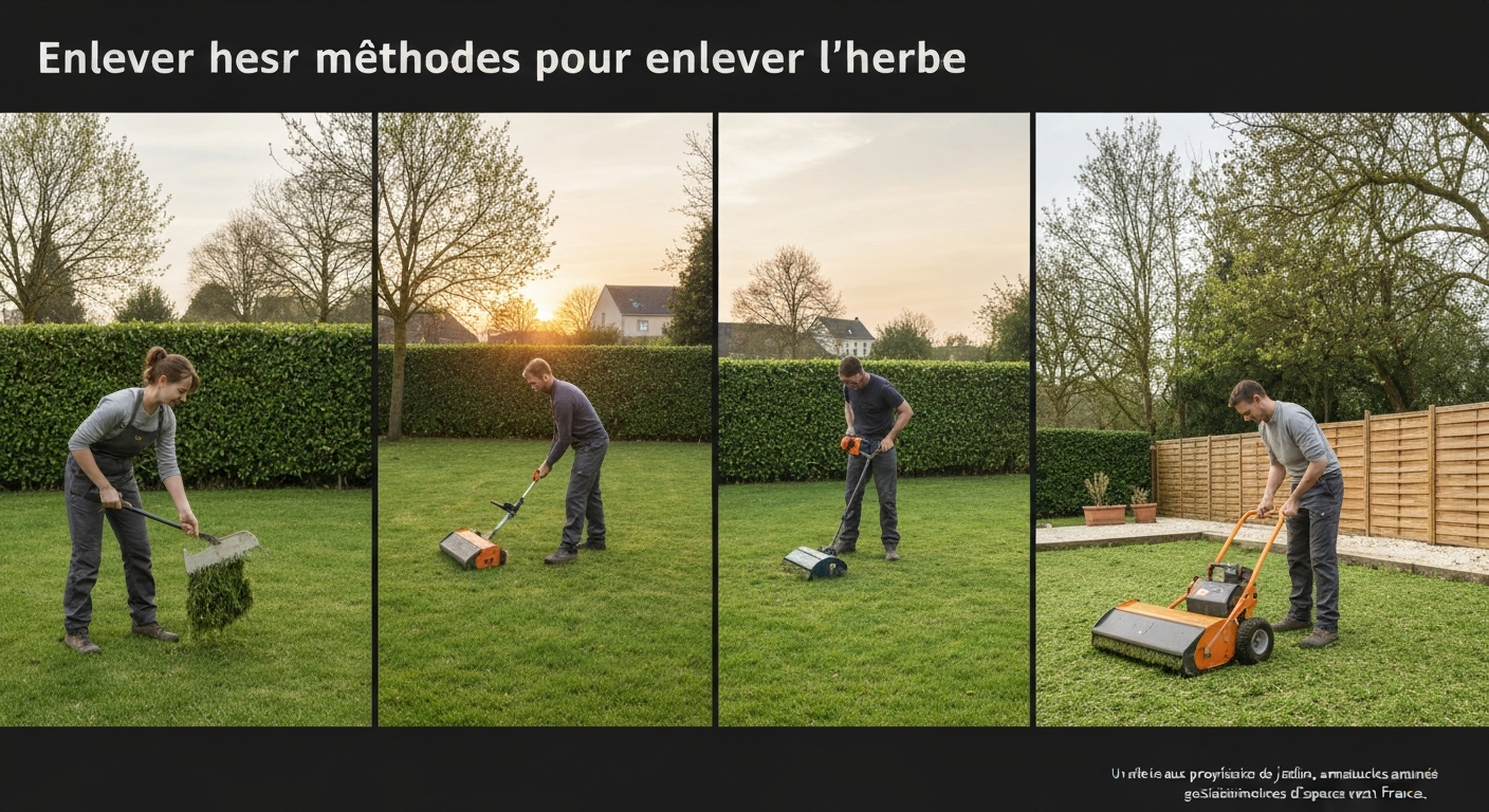 Jardin français où l'on enlève l'herbe : arrachage manuel, coupe-bordures et scarificateur en action.