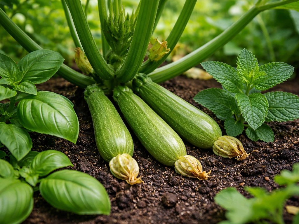 Gros plan de jeunes courgettes au pied avec du basilic et de la menthe fraîches dans un potager