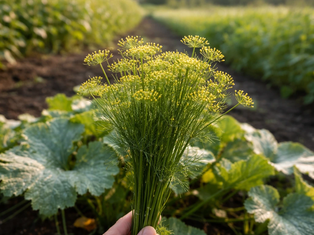 Sommités d’aneth fraîches près de plants de courgettes dans un potager, arrière-plan flou.