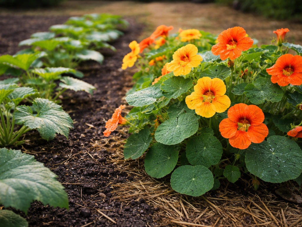 Capucines fleuries près de jeunes courgettes dans un potager, illustrant le principe de plante-piège.