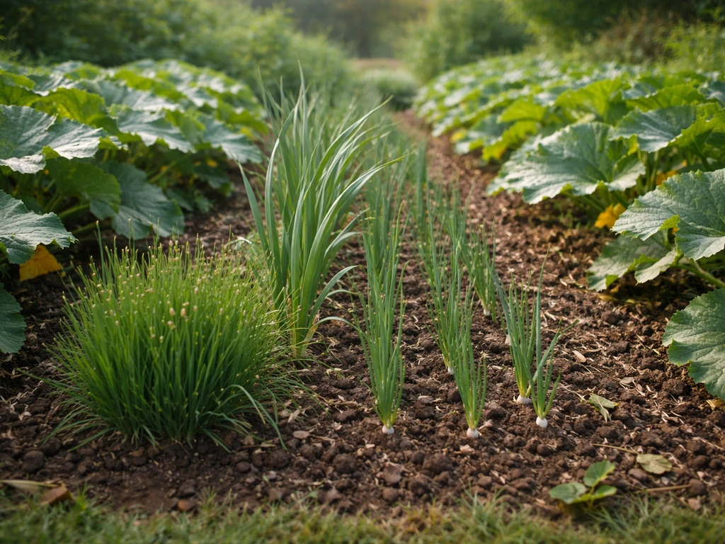 Potager en bordure : ciboulette, ail et oignon parmi des courgettes, ambiance jardin naturelle.