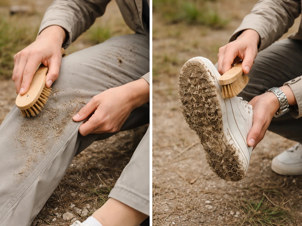 Personne en train de brosser des vêtements et de nettoyer la semelle d’une chaussure pour retirer des épillets.