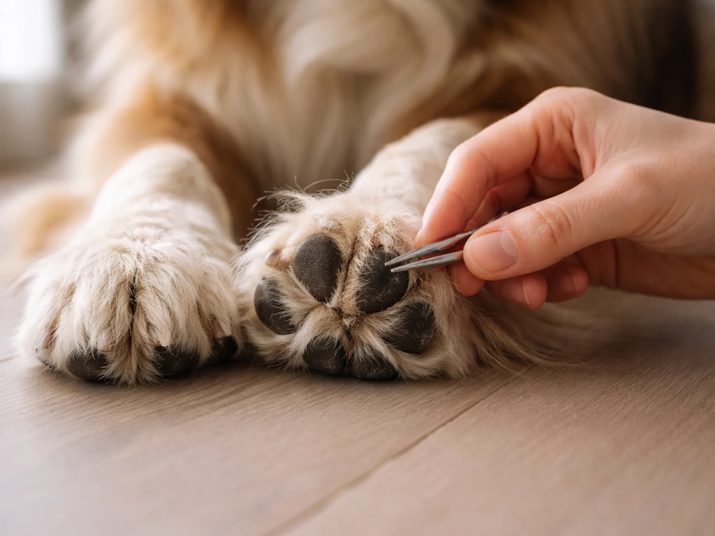 Main qui écarte les poils entre les doigts du chien, près des coussinets, pour un contrôle préventif.