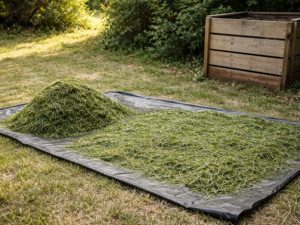 Brins d’herbe de tonte étalés sur une bâche près d’un composteur, prêts à sécher avant compostage.
