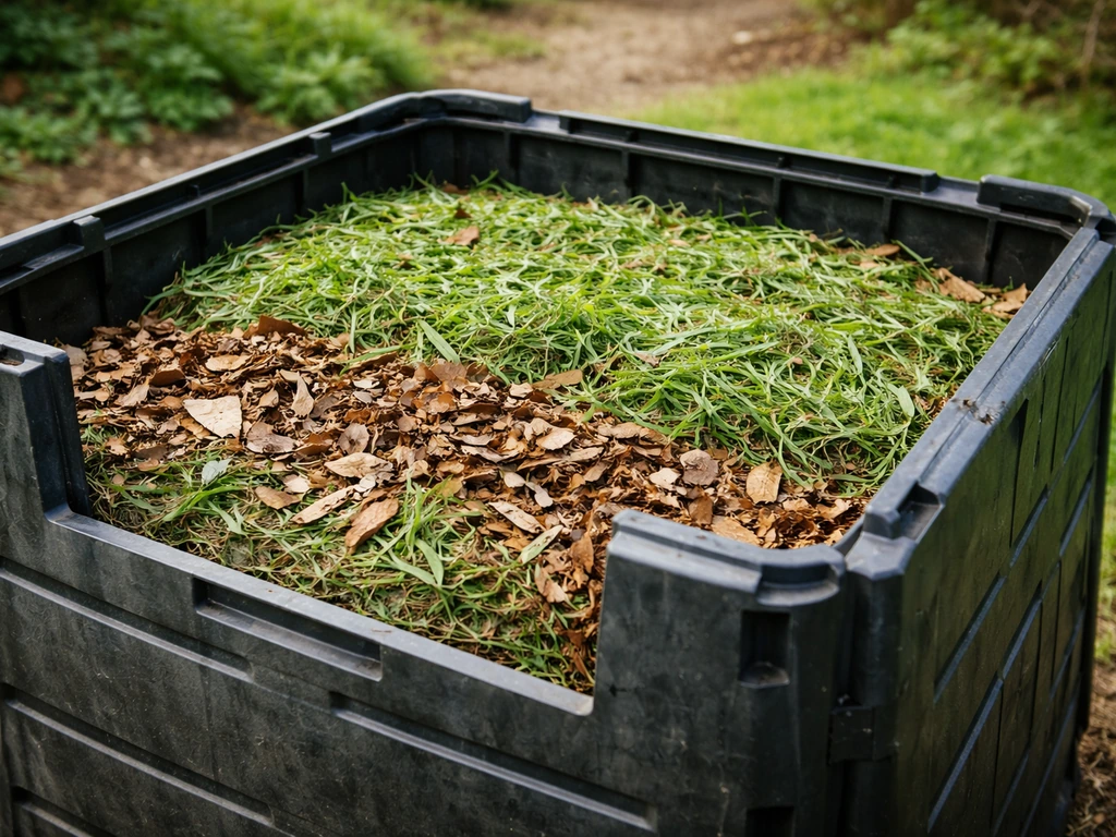 Cuve de compost avec couches alternées d’herbe fraîche verte et feuilles/carton bruns.