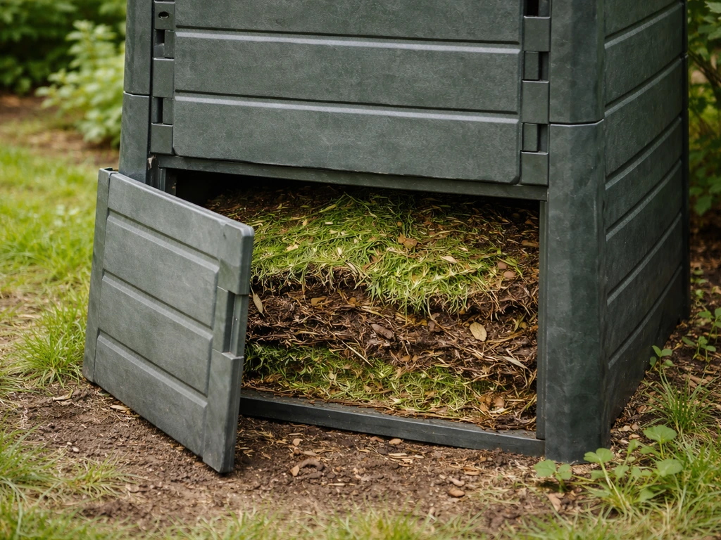 Composteur en bac dans un petit jardin, avec couches d’herbe et de matières brunes prêtes à être compostées.