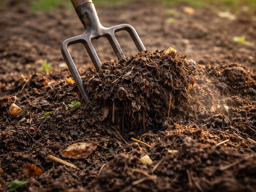 Une fourche remue un tas de compost au jardin, aération du compost et limitation des odeurs.