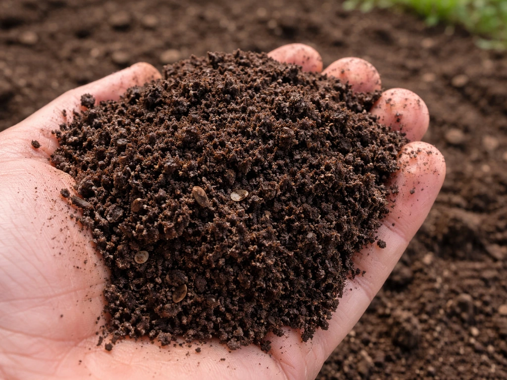Gros plan de compost brun foncé mûr, grumeleux et friable, prêt à être utilisé au jardin.