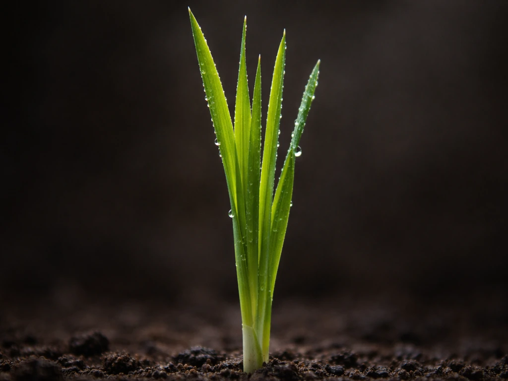 Gros plan d’un jeune brin d’herbe d’orge fraîche, vert vif et humide, prêt pour la récolte.