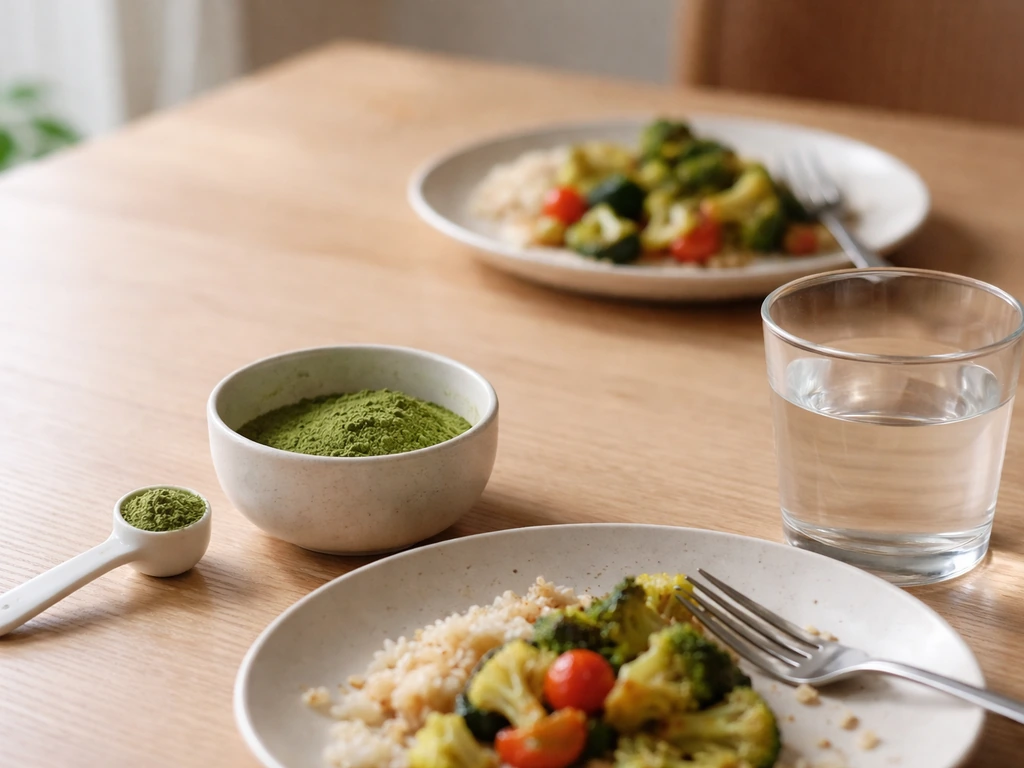 Table bois claire : assiette de repas simple, eau et poudre verte avant le repas, ambiance satiété/digestion.