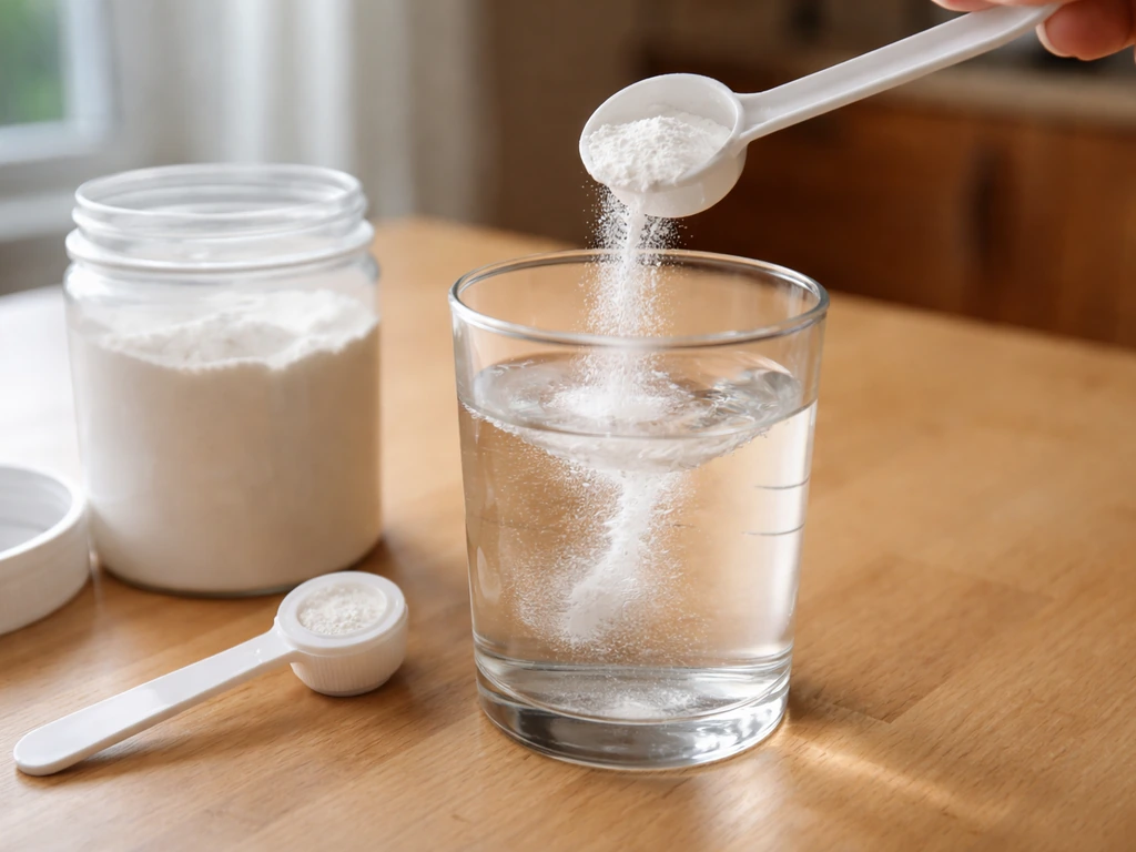 Demi-cuillère puis cuillère de poudre versée dans un verre d’eau sur une table, repères de volume sans texte.