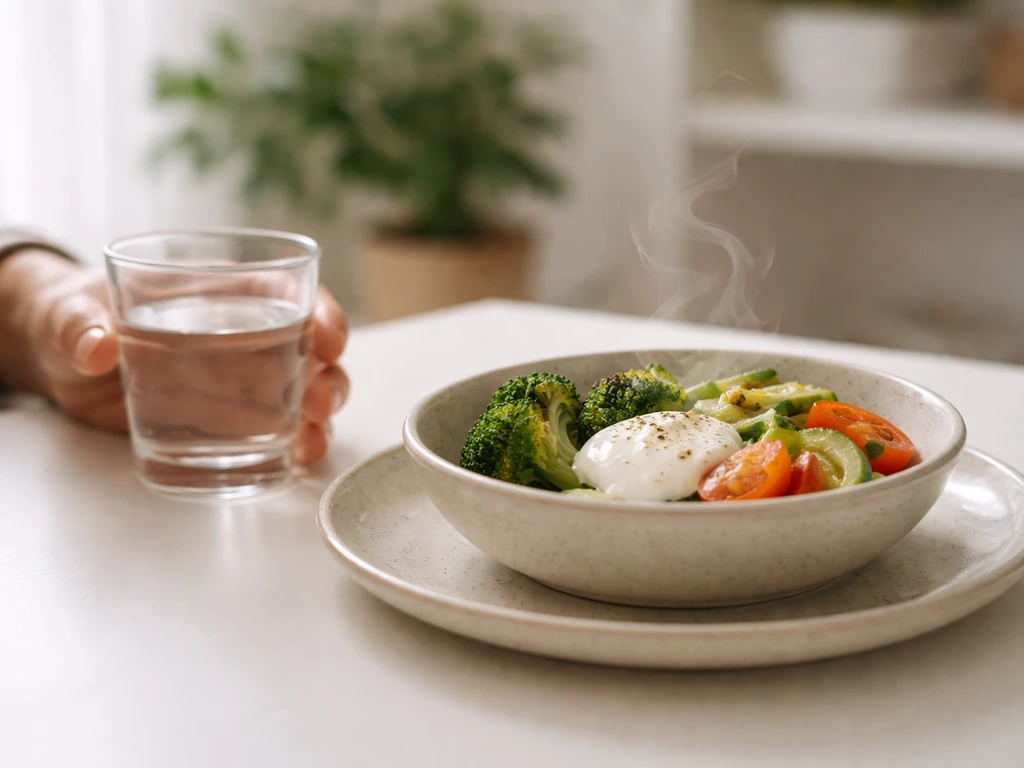 Verre d’eau et bol de repas léger sur une table, ambiance de confort digestif au quotidien
