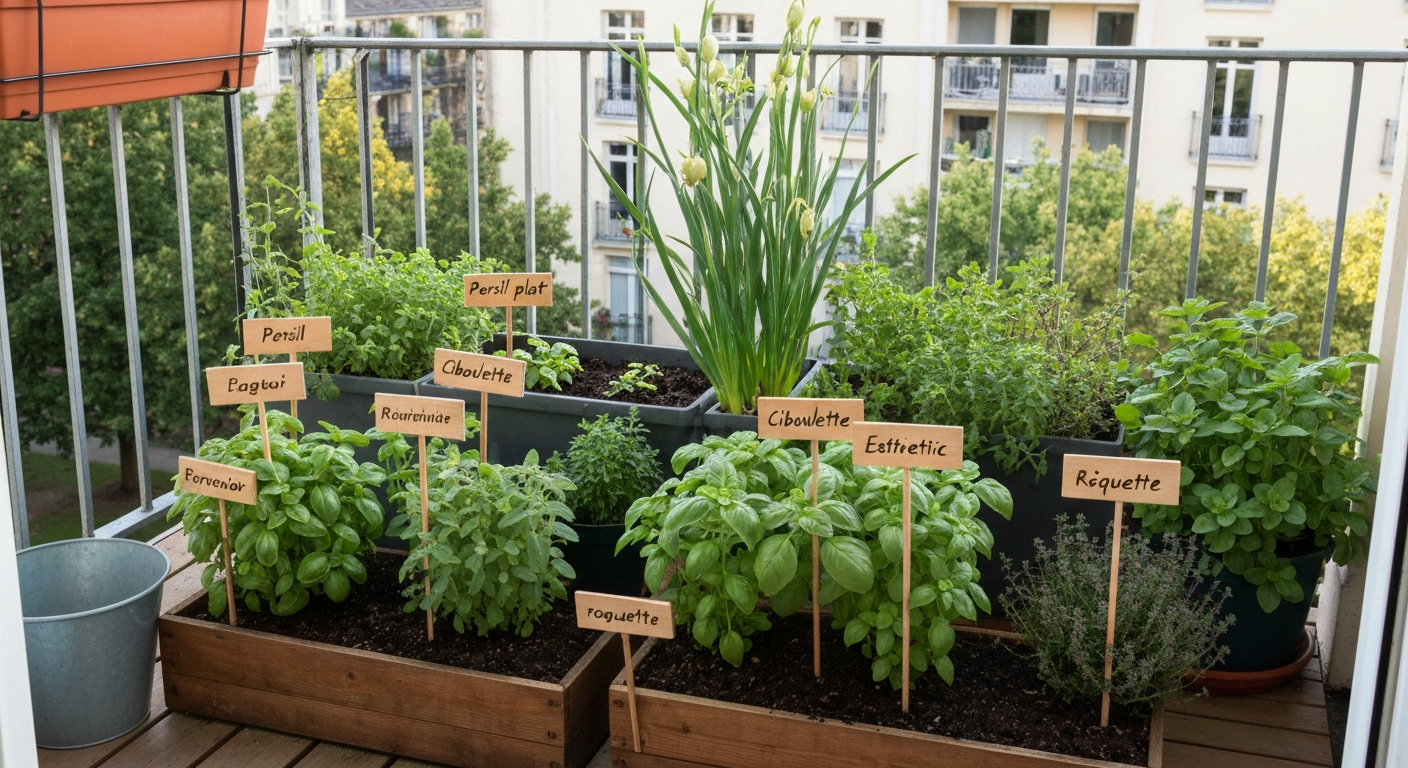 Balcon potager français avec ail et fines herbes en bacs au matin