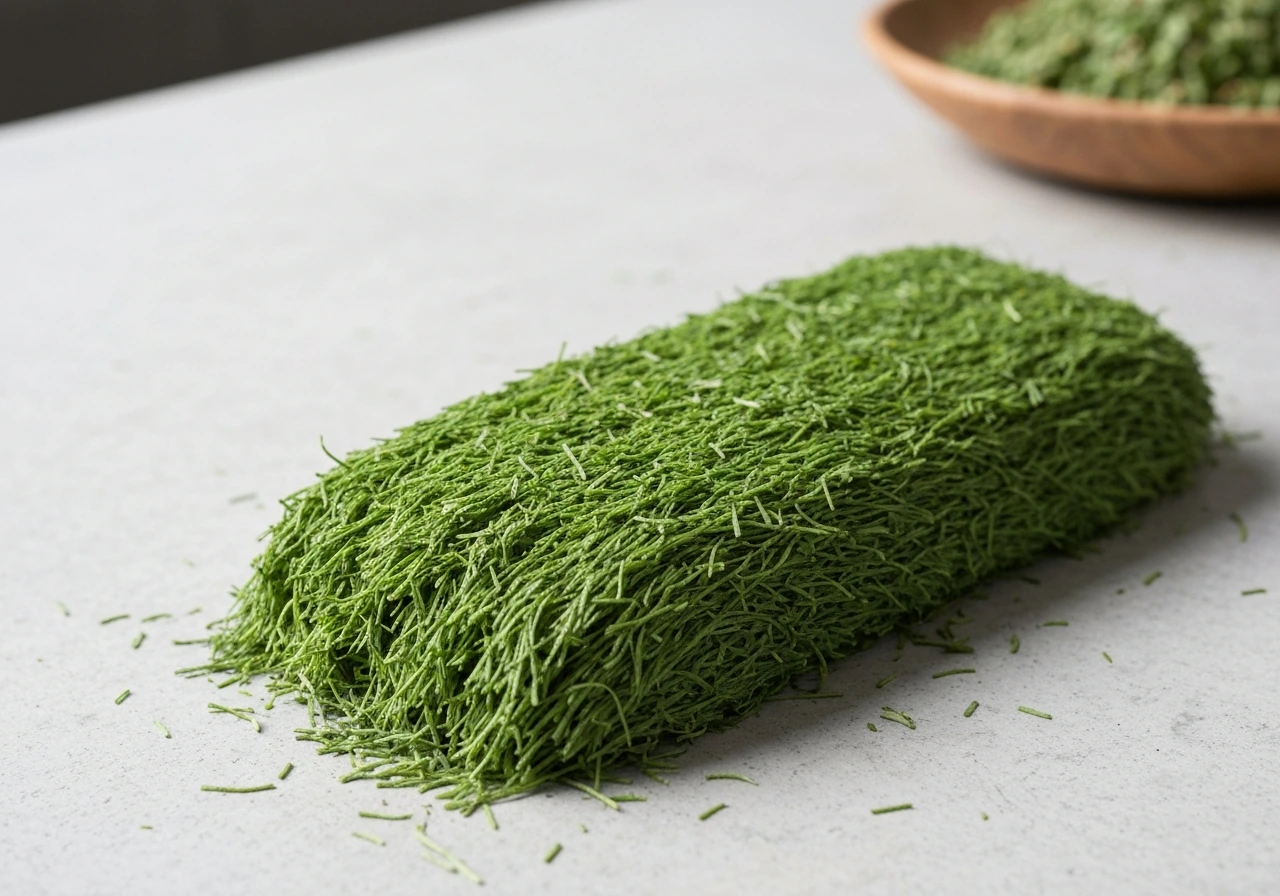 Tonte fraîche étalée en couche fine sur une surface propre avant d’être compostée.