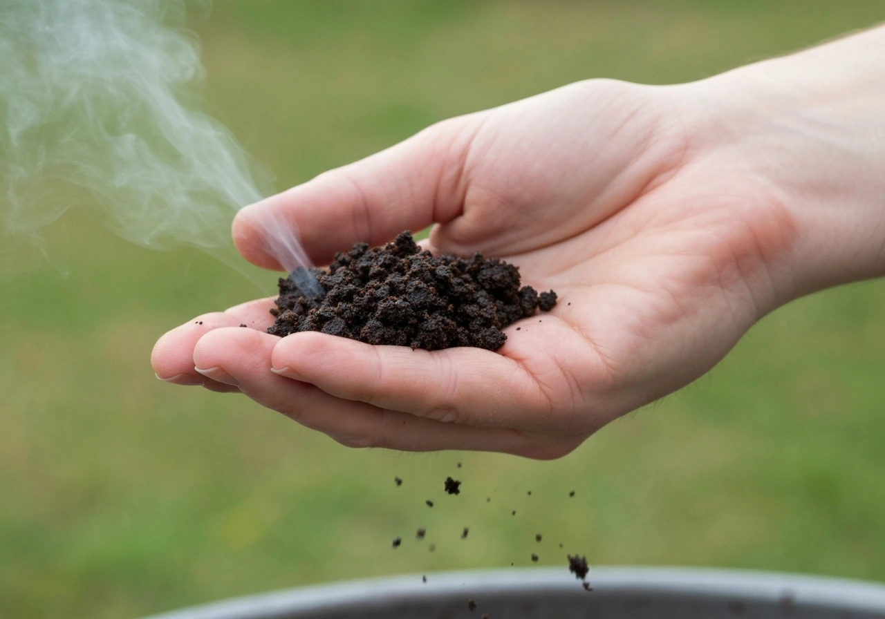 Poignée de compost pressée dans la main, compacte et humide sans dégouliner, avec aération légère suggérée.