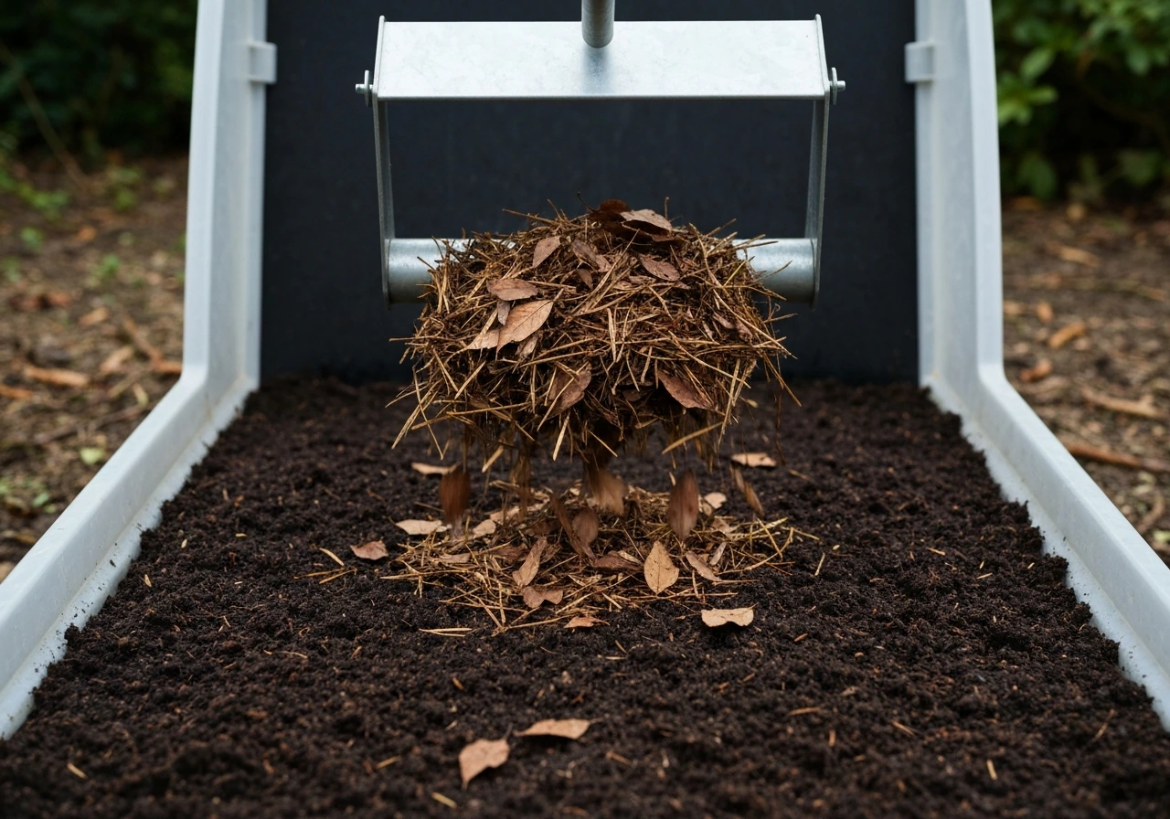 Seau de compost près d’un tas, matières brunes sèches ajoutées pour stopper une odeur forte