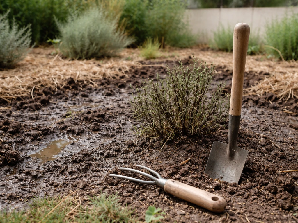 Jardin méditerranéen avec herbe sèche, sol sombre humide et outils de jardinage au sol, ambiance réaliste